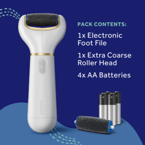 image of pack contents 1 electronic foot file 1 extra coarse rollerhead 4 AA batteries